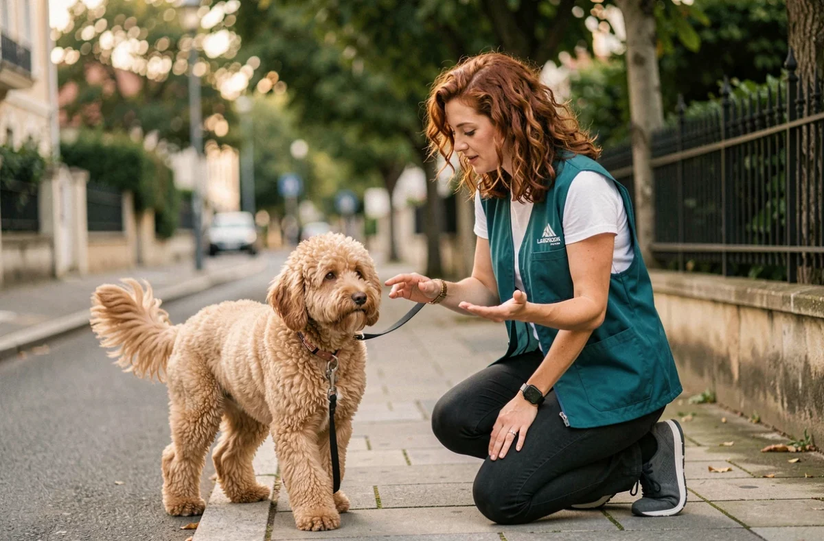 Éducatrice de 4 Pattes et une Truffe guidant un golden doodle en laisse sur un trottoir de Tassin-la-Demi-Lune