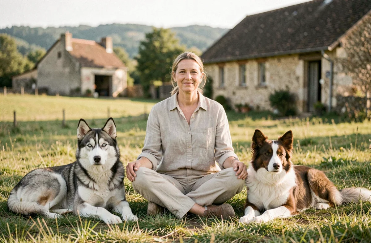 Éducatrice canine d'Accord Parfait / Les Anges de Sheitan assise avec deux chiens calmes dans la campagne de Servignat