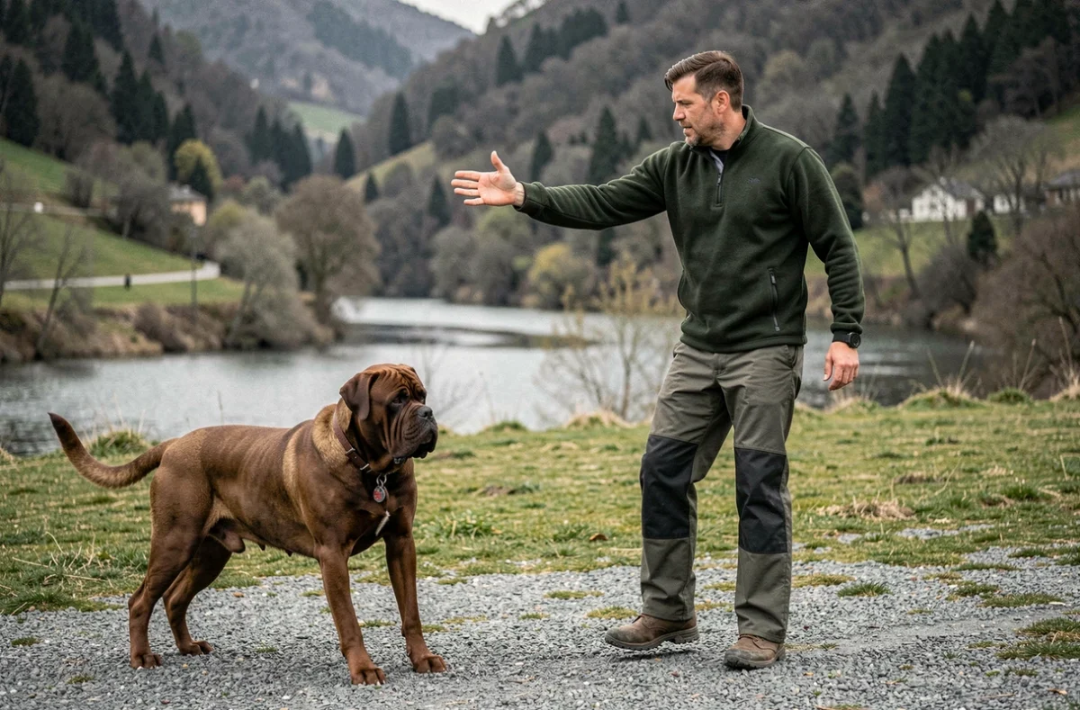 Éducateur canin d'Accro'Dog Éducation rappelant un dogue de Bordeaux sur un terrain d'entraînement à Aouste-sur-Sye