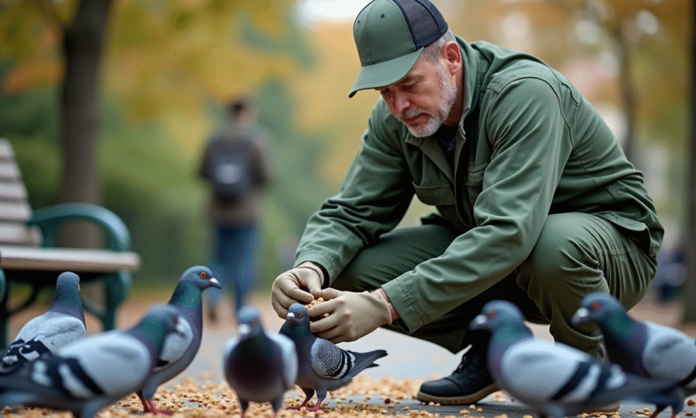 Agent en vert nourrissant des pigeons dans un parc urbain