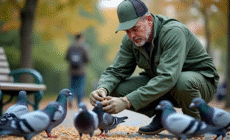 Agent en vert nourrissant des pigeons dans un parc urbain