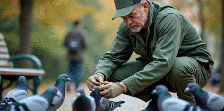 Agent en vert nourrissant des pigeons dans un parc urbain