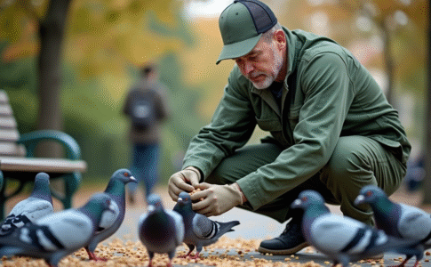Agent en vert nourrissant des pigeons dans un parc urbain