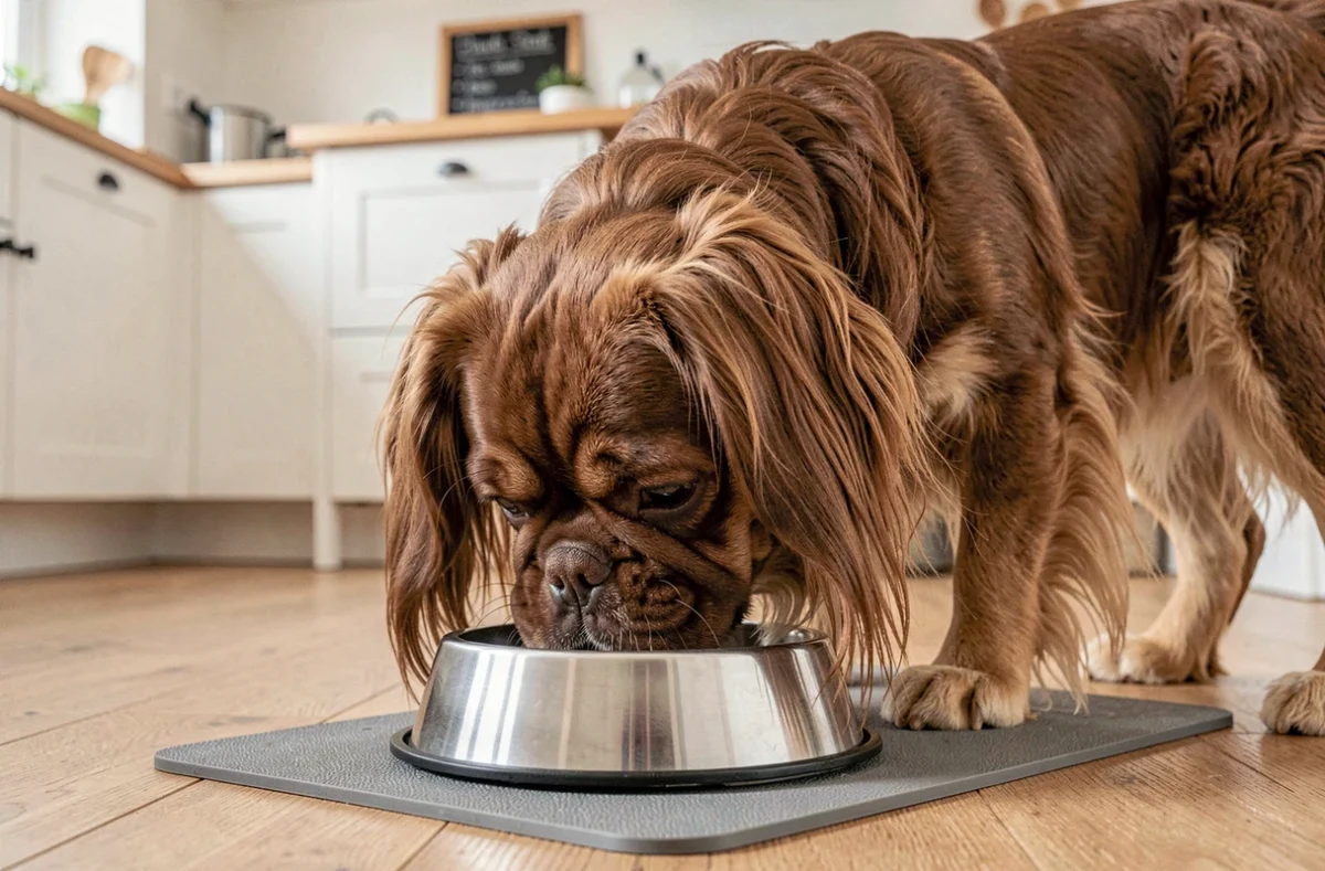 Bouledogue français à poils longs mangeant dans sa gamelle dans une cuisine moderne, illustration de l'alimentation adaptée à la race