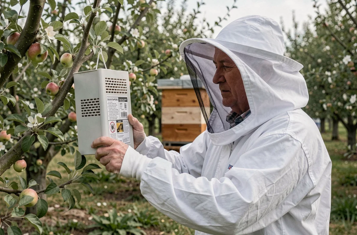 Apiculteur en combinaison de protection installant un piège sélectif anti-frelon sur un arbre fruitier près d'une ruche