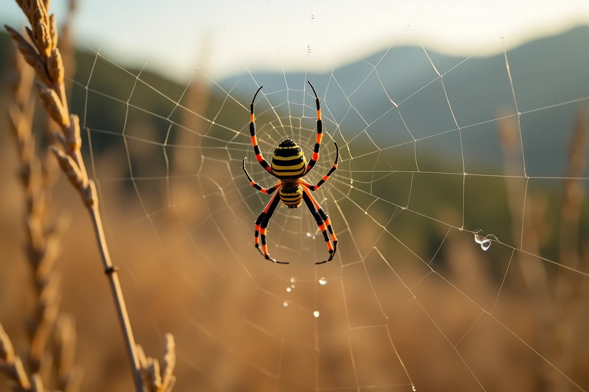 Araignée Argiope bruennichi dans sa toile orbiculaire avec stabilimentum dans la garrigue du sud de la France, abdomen rayé jaune et noir