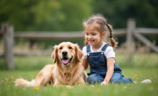Jeune fille et chien golden retriever dans la nature