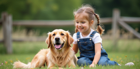 Jeune fille et chien golden retriever dans la nature