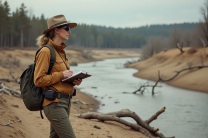 Biologiste de la faune en pleine nature avec carnet