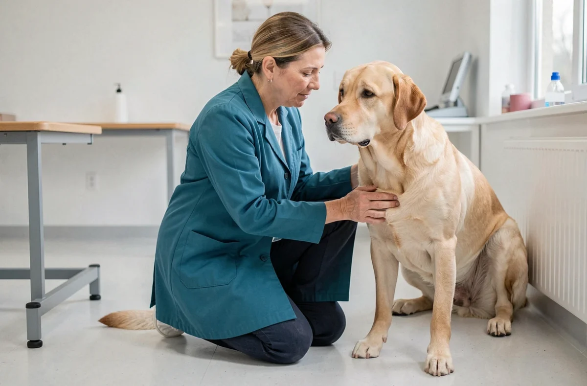Isabelle Blaszczyk vétérinaire examinant un labrador doré au sol dans une salle de consultation