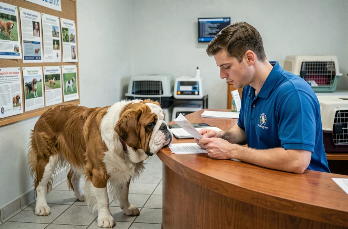 Bouledogue poil long examiné par un employé de refuge pendant une procédure d'adoption