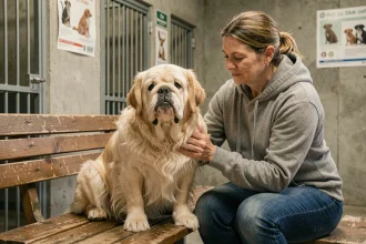 Bouledogue à poil long assis dans un refuge animalier avec une bénévole qui le caresse doucement