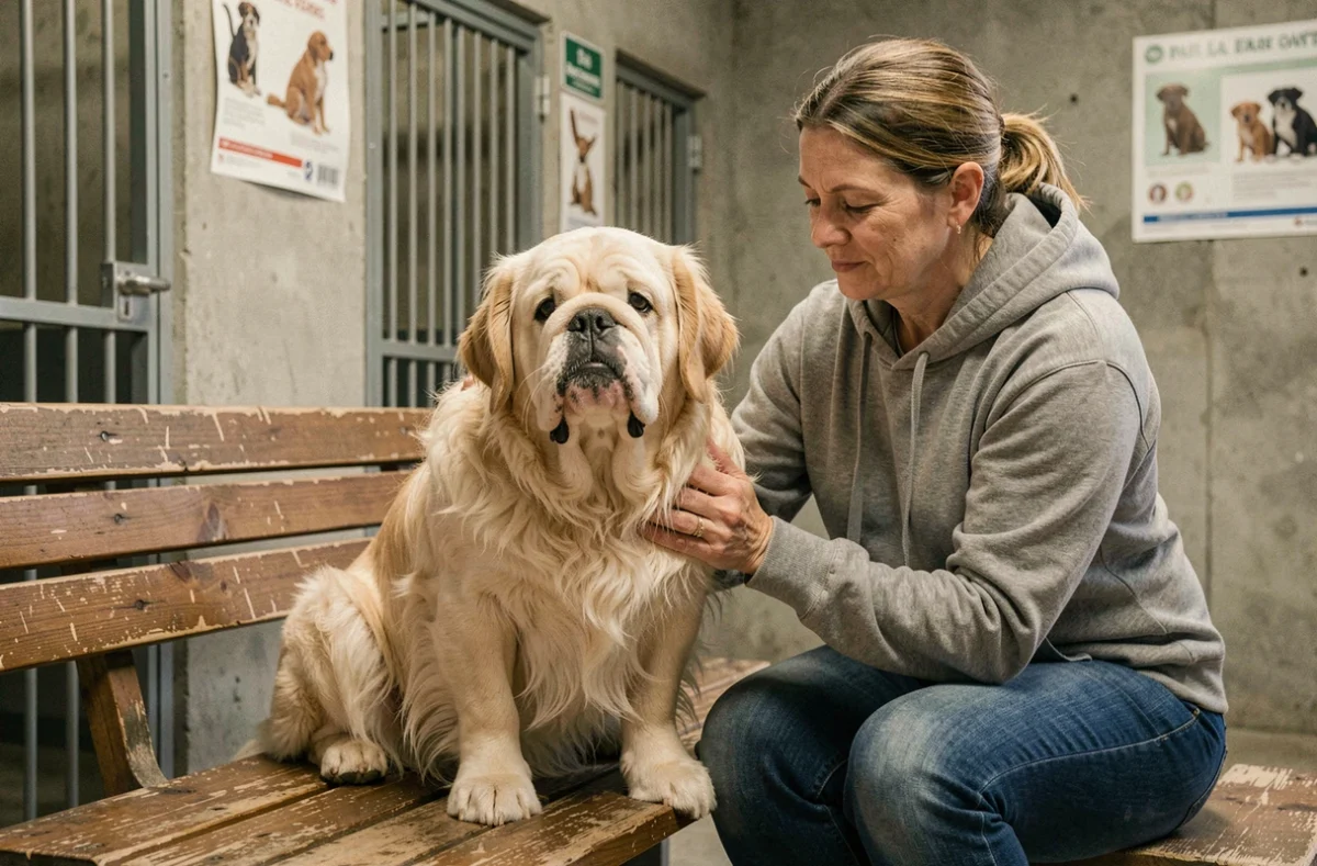 Bouledogue à poil long assis dans un refuge animalier avec une bénévole qui le caresse doucement
