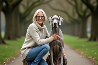 Braque de Weimar calme et bien éduqué assis aux côtés de sa maîtresse dans un parc, illustrant la relation de confiance entre le chien et son propriétaire