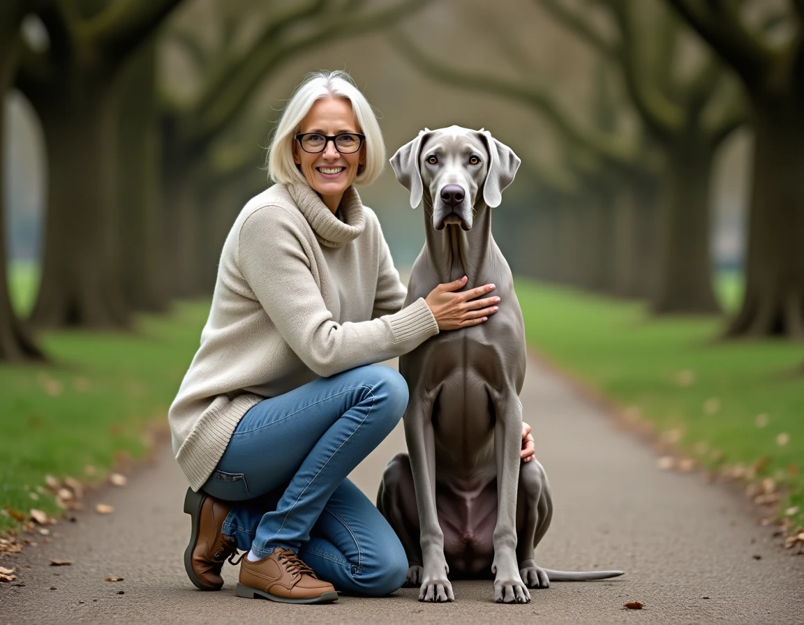 Braque de Weimar calme et bien éduqué assis aux côtés de sa maîtresse dans un parc, illustrant la relation de confiance entre le chien et son propriétaire
