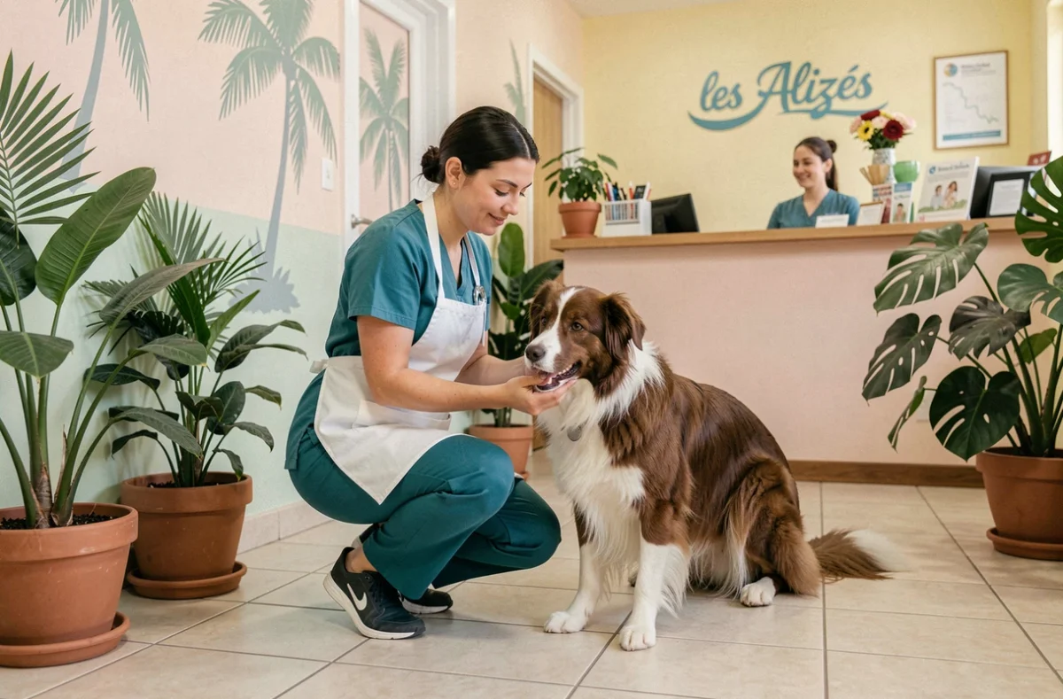 Vétérinaire accroupie auprès d'un border collie dans la salle d'attente colorée du cabinet vétérinaire des Alizés