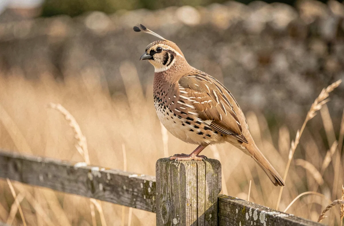 Caille perchée sur un piquet de clôture en bois dans la campagne française, illustration d'un animal en Q