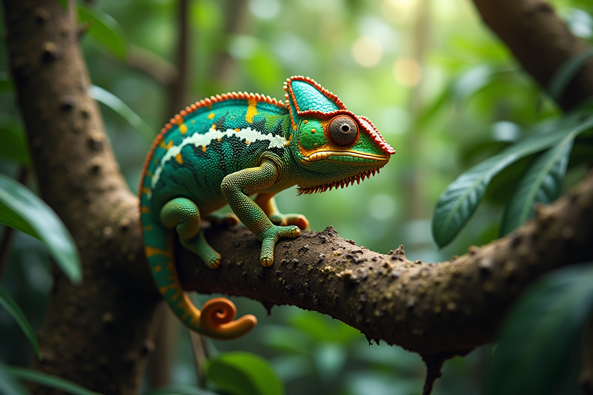Caméléon sur branche dans la forêt tropicale