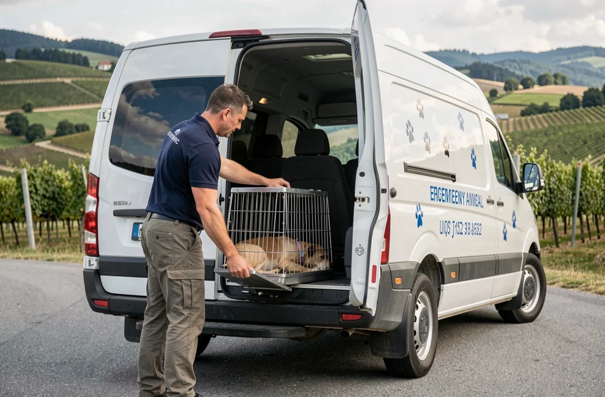 Cédric chargeant un chien dans une ambulance animalière lors d'un transport d'urgence en Alsace
