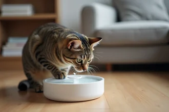 Chat tigré buvant dans une fontaine à eau électrique pour animaux posée sur un parquet en chêne dans un salon cosy