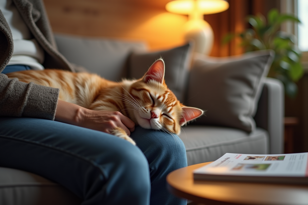 Chat âgé reposant dans les bras de son propriétaire à la maison