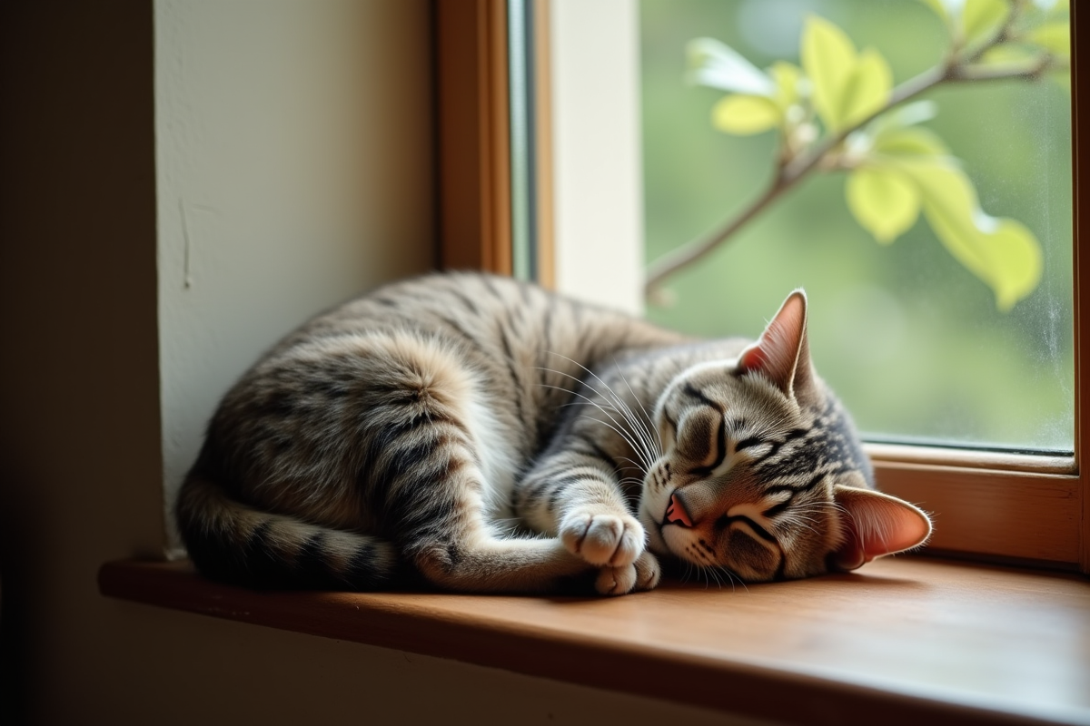 Chat domestique allongé sur le rebord de fenêtre ensoleillé
