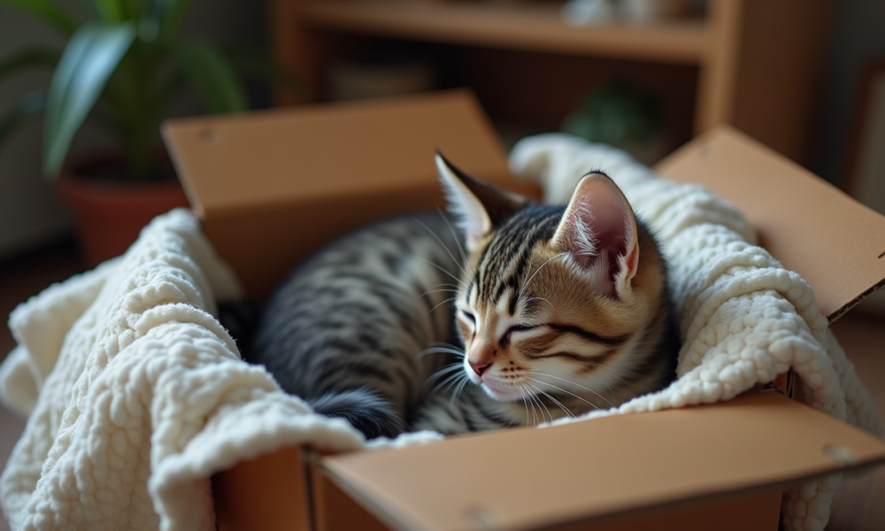Chaton nouveau-né dans une boîte en tissu doux