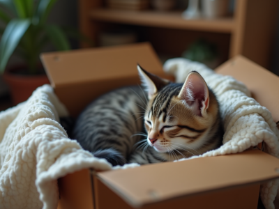 Chaton nouveau-né dans une boîte en tissu doux