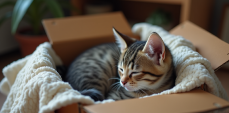 Chaton nouveau-né dans une boîte en tissu doux