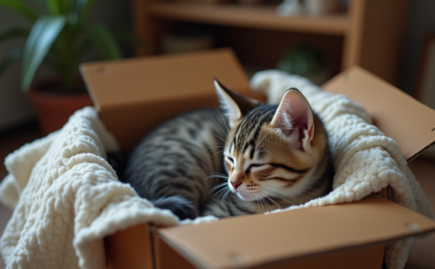 Chaton nouveau-né dans une boîte en tissu doux