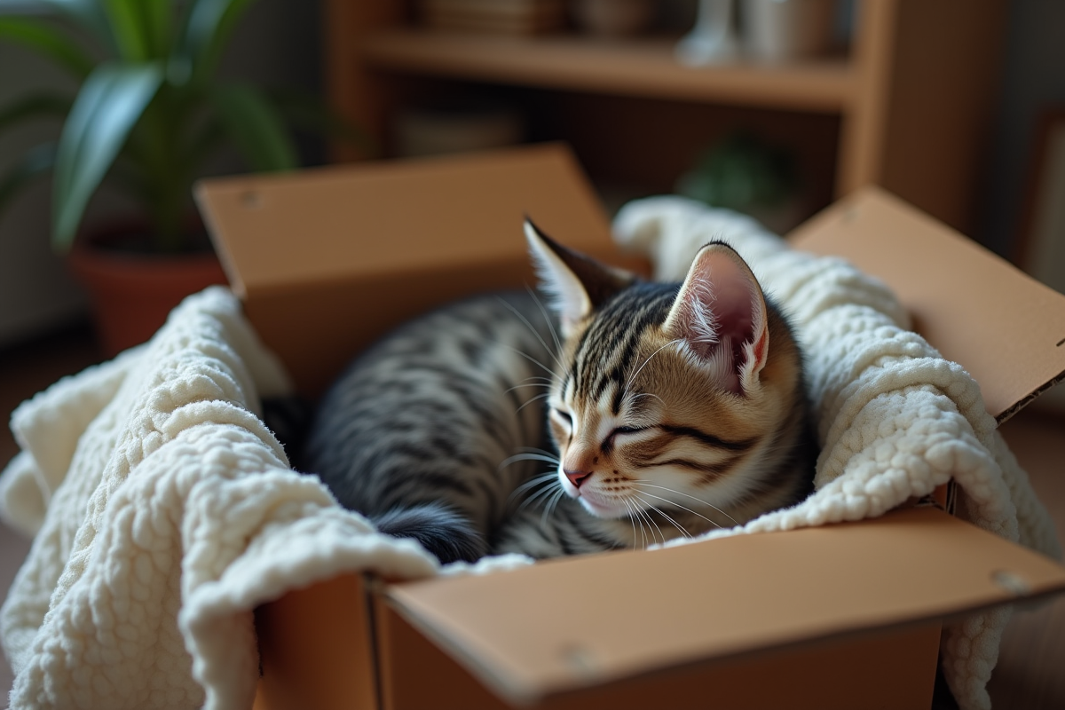 Chaton nouveau-né dans une boîte en tissu doux