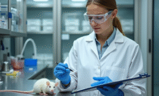 Chercheuse en laboratoire tenant une souris blanche