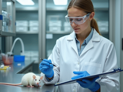 Chercheuse en laboratoire tenant une souris blanche