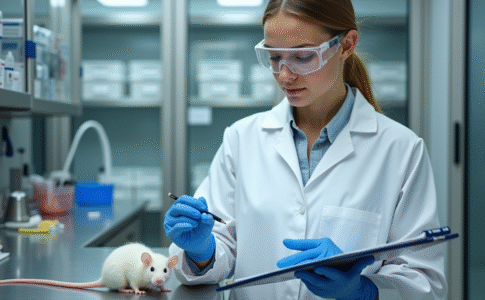 Chercheuse en laboratoire tenant une souris blanche
