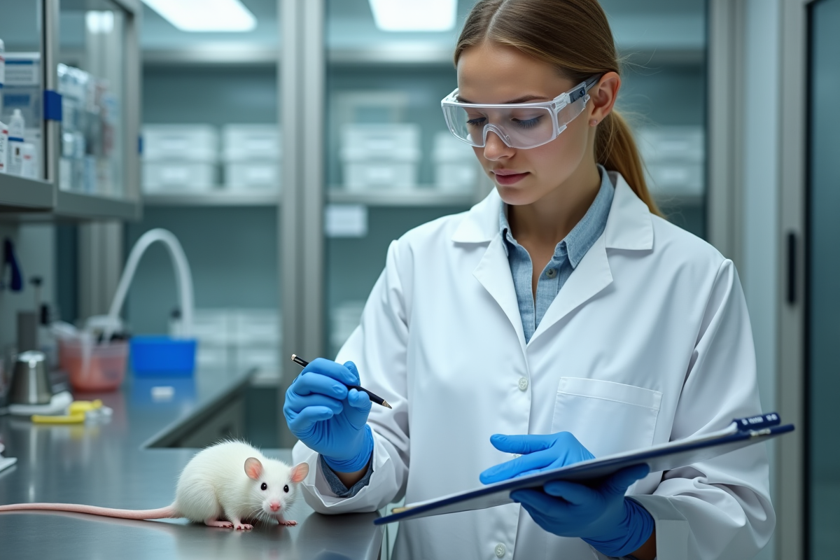 Chercheuse en laboratoire tenant une souris blanche