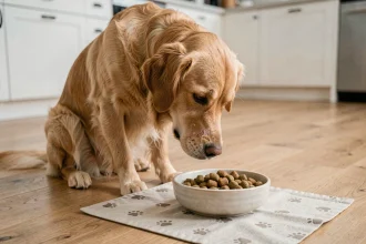 Golden retriever avec peau sensible mangeant des croquettes ultra premium dans un bol en céramique sur parquet en bois clair