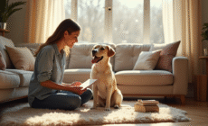 Chien heureux assis sur un tapis dans un salon lumineux