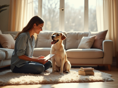 Chien heureux assis sur un tapis dans un salon lumineux