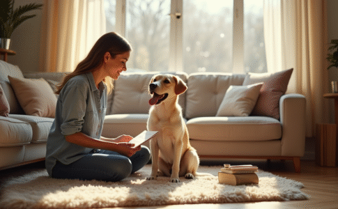 Chien heureux assis sur un tapis dans un salon lumineux