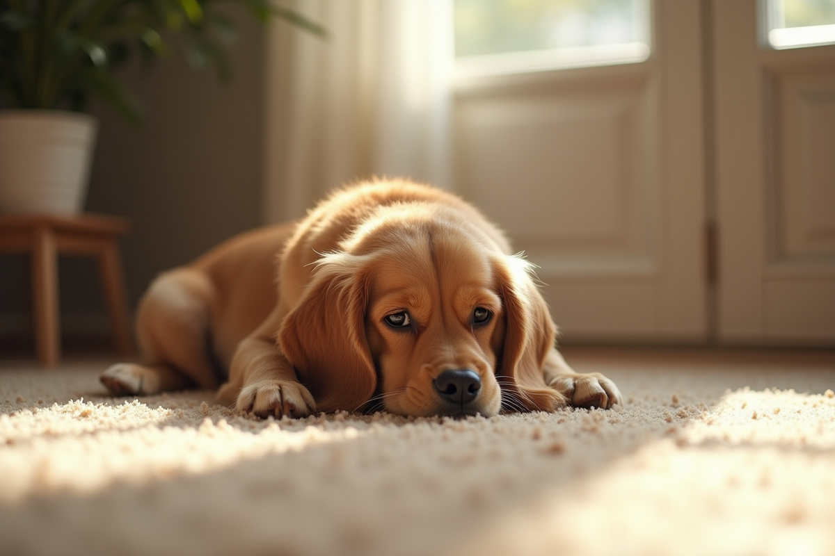 Chien couché sur un tapis dans un appartement ensoleille