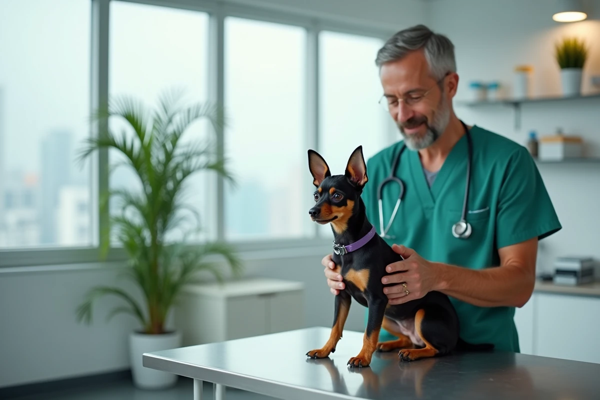Petit chien Pinscher nain calme examiné par un vétérinaire en clinique urbaine, illustrant l'évaluation du tempérament d'un chien de petite taille à poil court