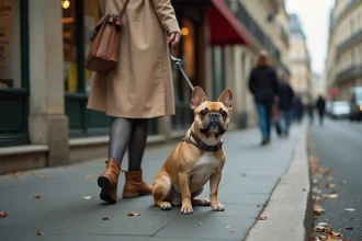 Petit chien à poil court calme assis sur un trottoir parisien aux côtés de sa propriétaire, illustrant un bon tempérament en milieu urbain