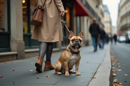 Petit chien à poil court calme assis sur un trottoir parisien aux côtés de sa propriétaire, illustrant un bon tempérament en milieu urbain