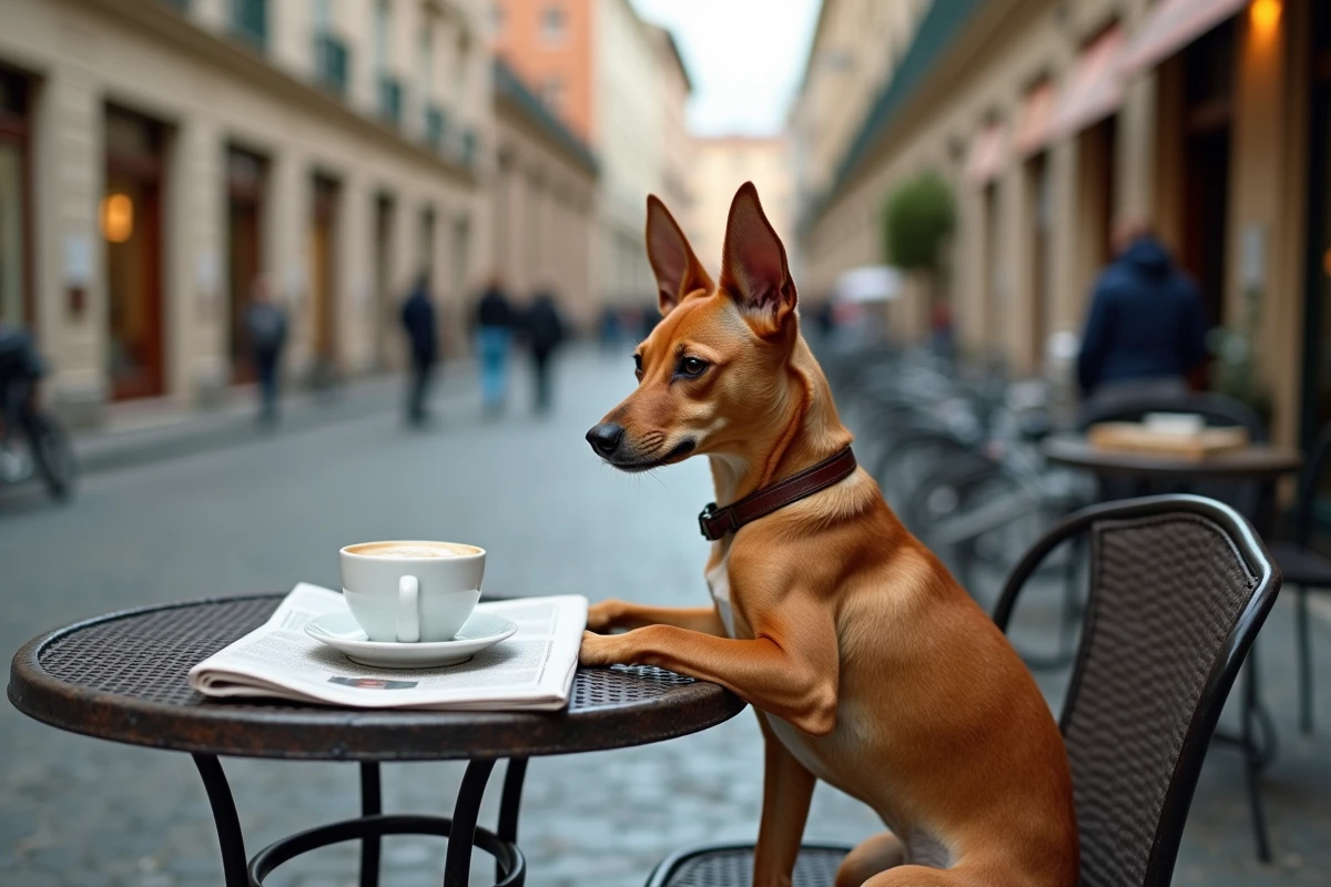 Petit chien à poil ras posé calmement sur une chaise de terrasse de café en ville, montrant un tempérament serein et adapté à la vie urbaine