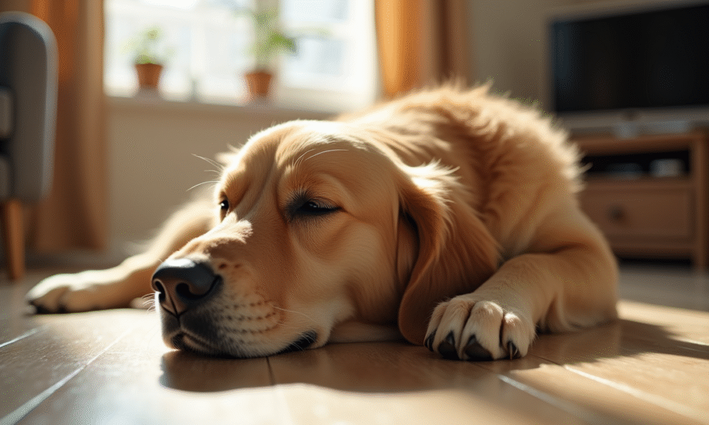Chien retriever fatigué allongé sur le sol de salon