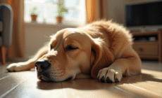 Chien retriever fatigué allongé sur le sol de salon