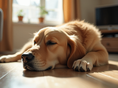 Chien retriever fatigué allongé sur le sol de salon