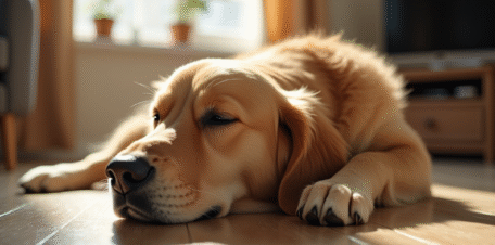 Chien retriever fatigué allongé sur le sol de salon