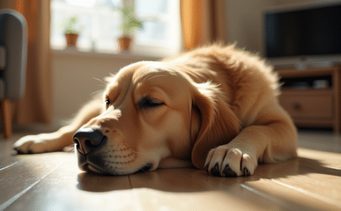 Chien retriever fatigué allongé sur le sol de salon