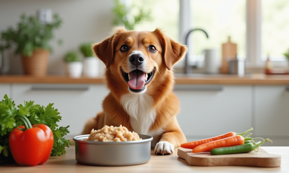 Chien heureux à côté d'un bol de tuna en conserve dans une cuisine moderne